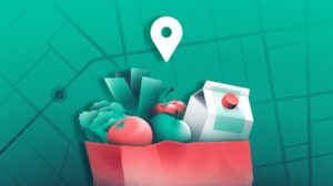 Illustration of grocery delivery overlaid on street map.