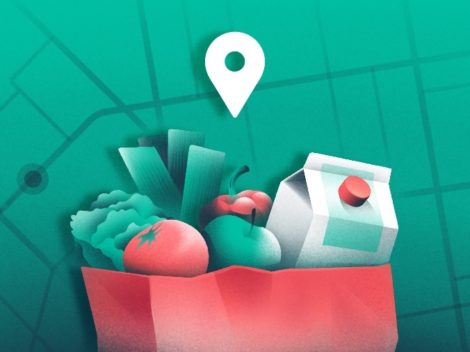 Illustration of grocery delivery overlaid on street map.