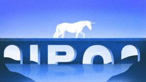 Illustration of unicorn crossing IPO bridge.