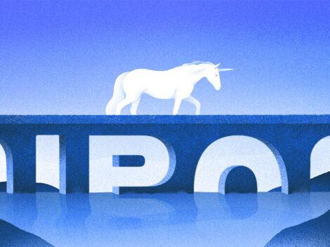 Illustration of unicorn crossing IPO bridge.
