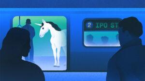 Illustration of unicorn on IPO-bound train