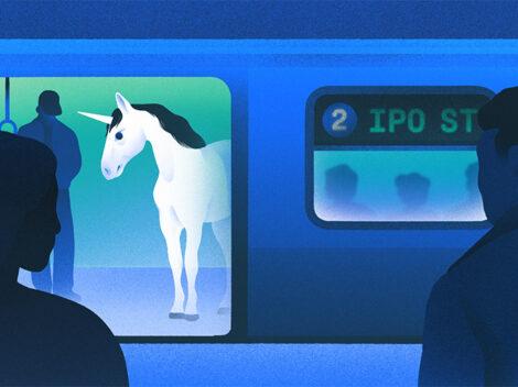 Illustration of unicorn on IPO-bound train