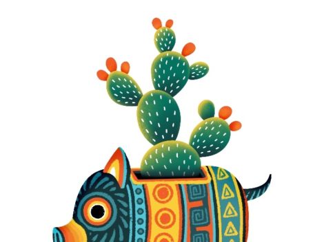 Illustration of LatAm decorated piggy bank with cactus