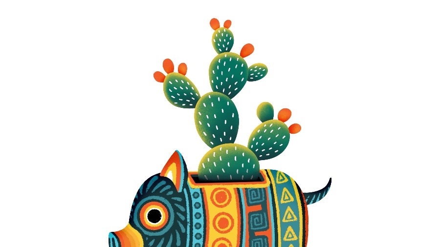 Illustration of LatAm decorated piggy bank with cactus