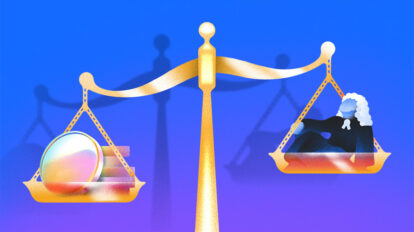 Illustration for legal tech: scales of justice balancing coins with a judge.