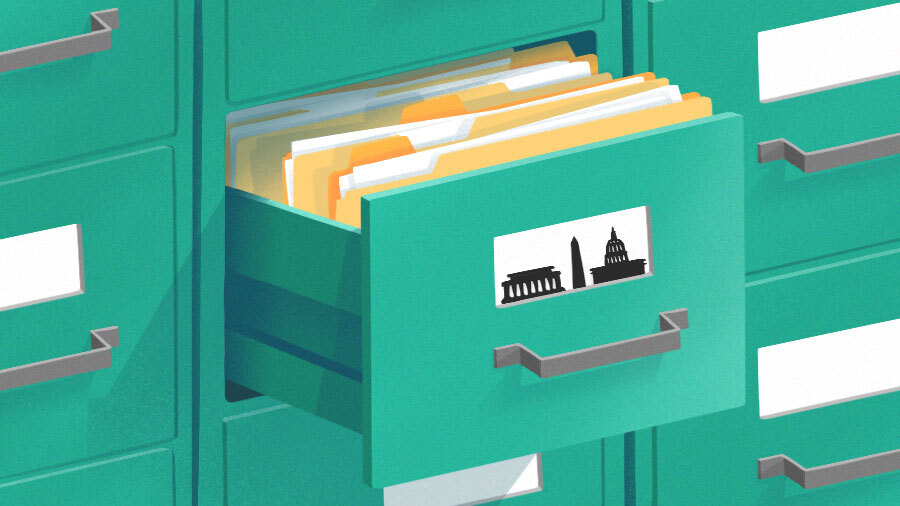 Illustration of an open file drawer with D.C. building silhouettes.
