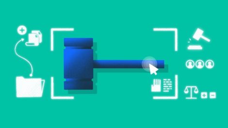 Illustration of a gavel surrounded by NFT.