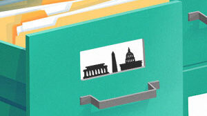 Illustration of an open file drawer with D.C. building silhouettes.