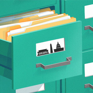 Illustration of an open file drawer with D.C. building silhouettes.