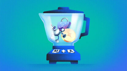 Illustration of blender with random icons and M&A buttons. [Dom Guzman]