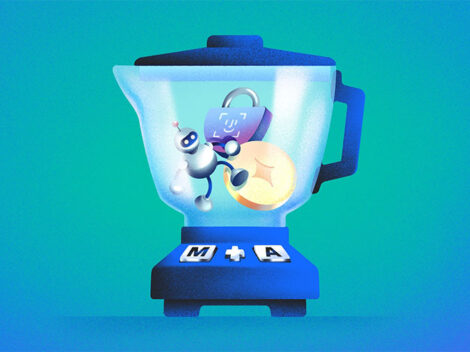 Illustration of blender with random icons and M&A buttons. [Dom Guzman]