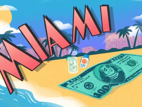 Illustration of Miami beach with $100 bill towel