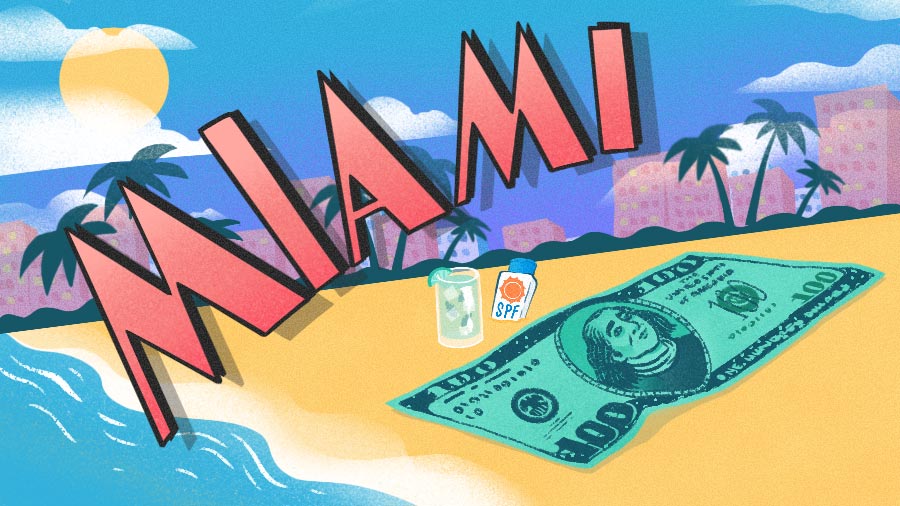 Illustration of Miami beach with $100 bill towel