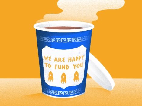 Illustration of go coffee cup that reads: We are happy to fund you