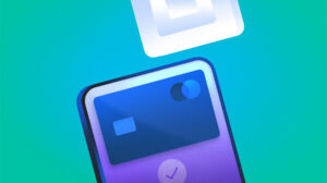 Illustration of smartphone making a payment. Fintech