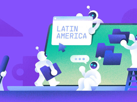 Illustration showing AI agents, depicted by robots, performing digital tasks. [Dom Guzman]