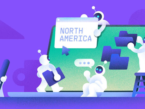 Illustration showing AI agents, depicted by robots, performing digital tasks. [Dom Guzman]