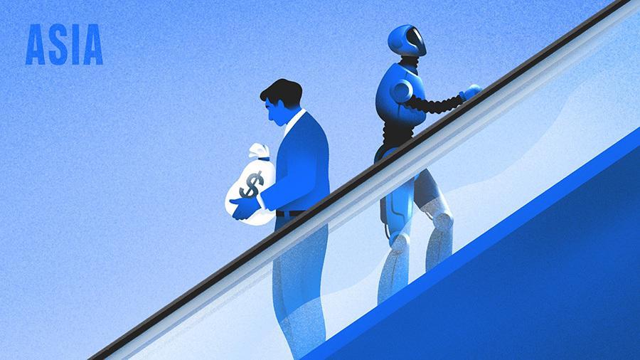 Asia Quarterly. Illustration of man with bag of $ going down an escalator while robot goes up. [Dom Guzman]