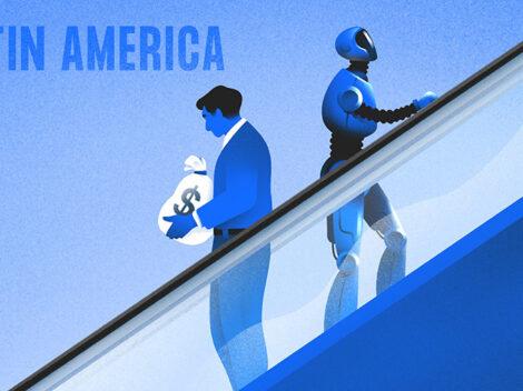 LatAm Quarterly. Illustration of man with bag of $ going down an escalator while robot goes up.[Dom Guzman]