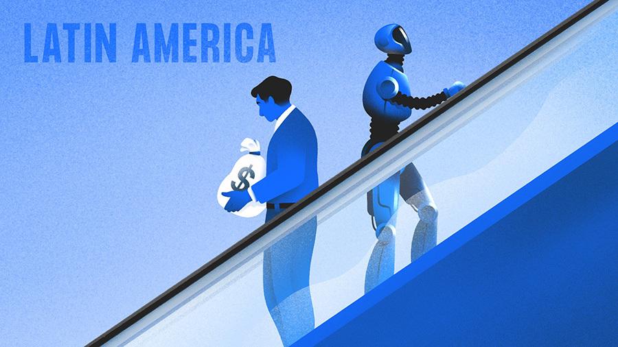 LatAm Quarterly. Illustration of man with bag of $ going down an escalator while robot goes up.[Dom Guzman]