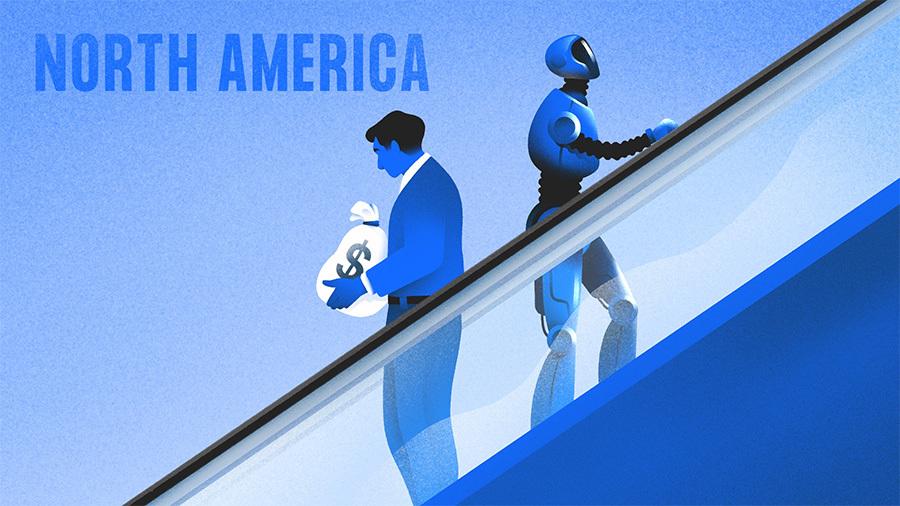 NA Quarterly. Illustration of man with bag of $ going down an escalator while robot goes up. [Dom Guzman]