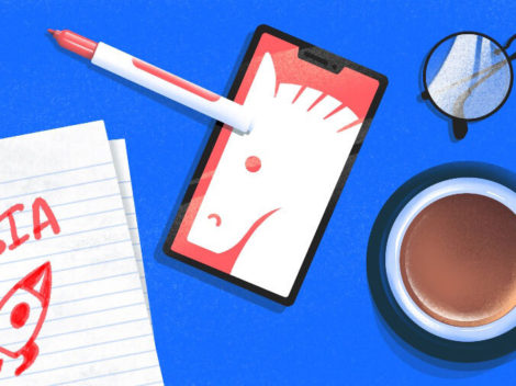 Illustration for Asia venture funding-Unicorn, notepad, coffee, eyeglasses.