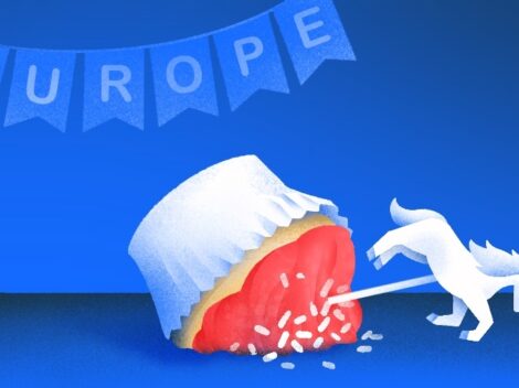 Illustration of toppled cupcake with unicorn topper - Europe.