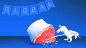 Illustration of toppled cupcake with unicorn topper - Global.