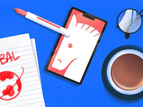 Illustration for Global venture funding-Unicorn, notepad, coffee, eyeglasses.