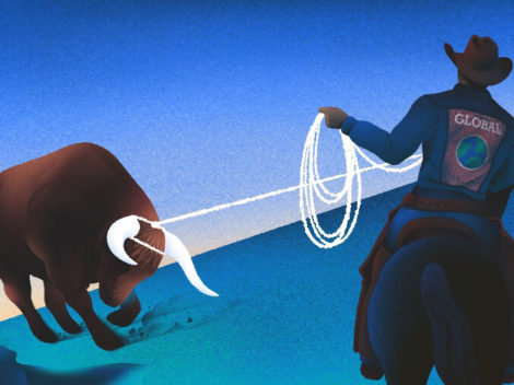 Illustration of a Global cowboy pulling a bull back from the edge of a cliff