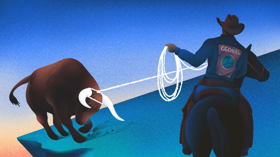 Illustration of a Global cowboy pulling a bull back from the edge of a cliff