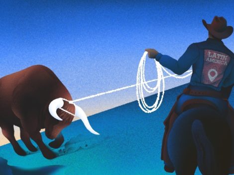 Illustration of cowboy pulling bull back from the edge-LatAm. [Dom Guzman]