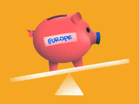 Illustration of Europe-labeled piggy bank on an inclined plane.