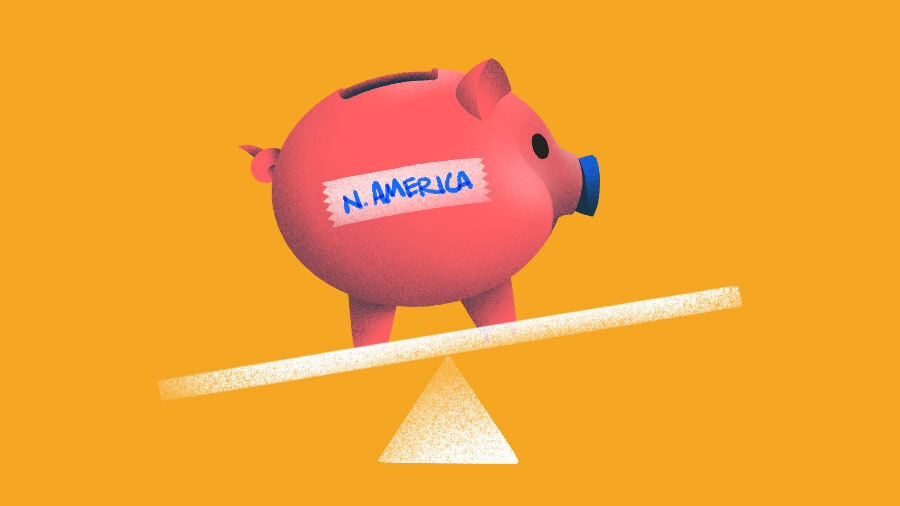 Illustration of N. America-labeled piggy bank on an inclined plane. [Dom Guzman]