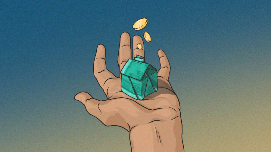Illustration of a hand holding a house made of money. [Dom Guzman]