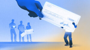 Illustration of a big hand handing $4B check to founder. [Dom Guzman]