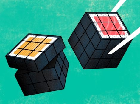 Illustration of cultured sushi in shape of a Rubiks Cube.