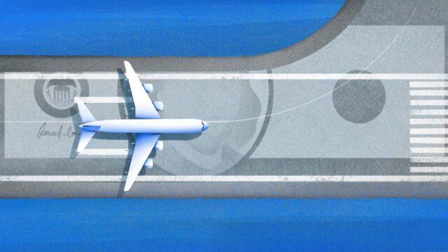 Illustration of airplane running out of runway. [Dom Guzman]