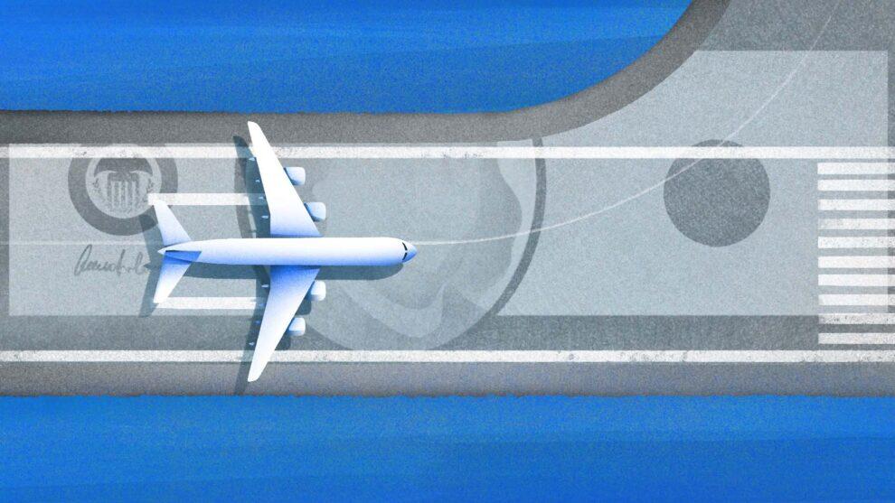 Illustration of airplane running out of runway. [Dom Guzman]
