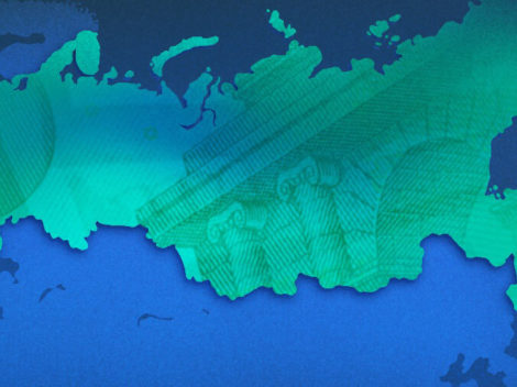 Illustration of map of Russia with money overlay.