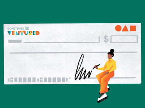 Illustration of woman signing check. Something Ventured.