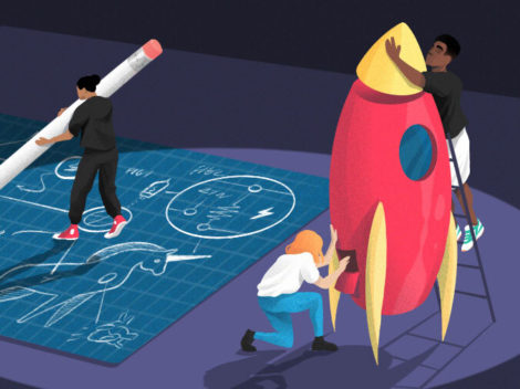 Illustration of people building a rocket ship.