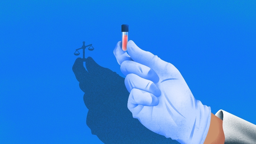 Illustration of gloved hand holding vial of blood-shadow is scales of justice.