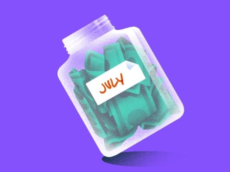Illustration of a money-filled jar labeled July