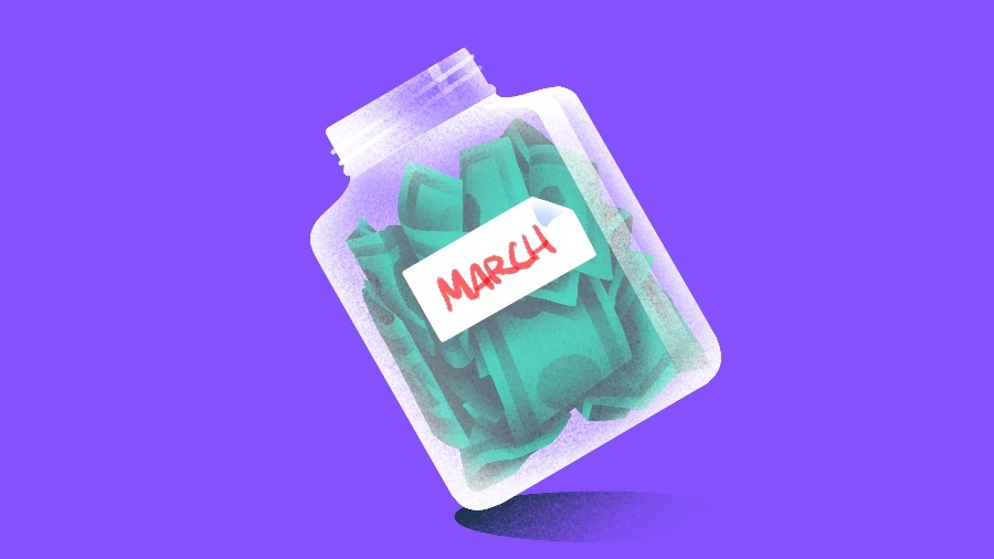 Illustration of a jar labeled March full of money.
