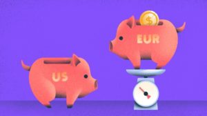 Illustration of piggy banks, one US, one Eur