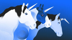 Illustration of unicorn, AI unicorn and broken unicorn.