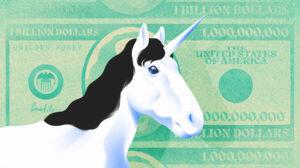 Illustration of a unicorn with a green money background. [Dom Guzman]