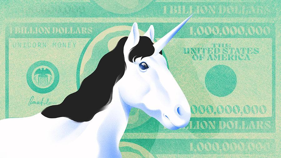 Illustration of a unicorn with a green money background. [Dom Guzman]
