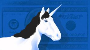 Illustration of a unicorn with a blue money background.